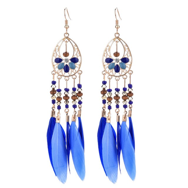 Long Bohemian Style Hanging Drop Leaf Colorful Feather Earrings - the jewellery house