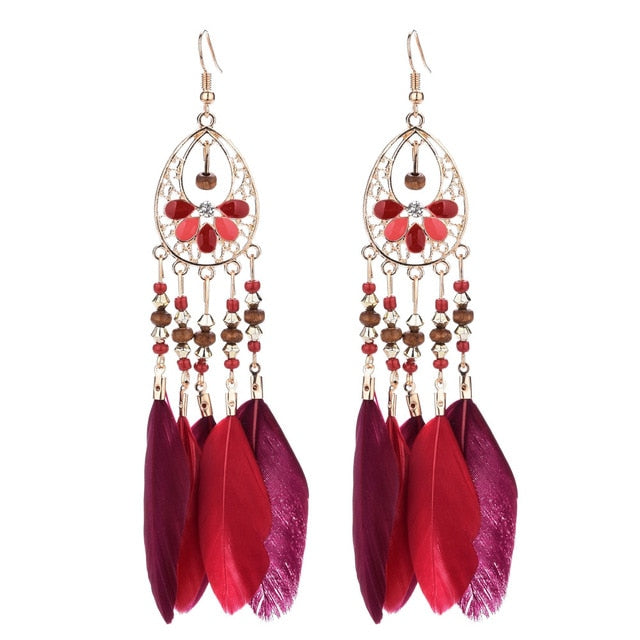 Long Bohemian Style Hanging Drop Leaf Colorful Feather Earrings - the jewellery house