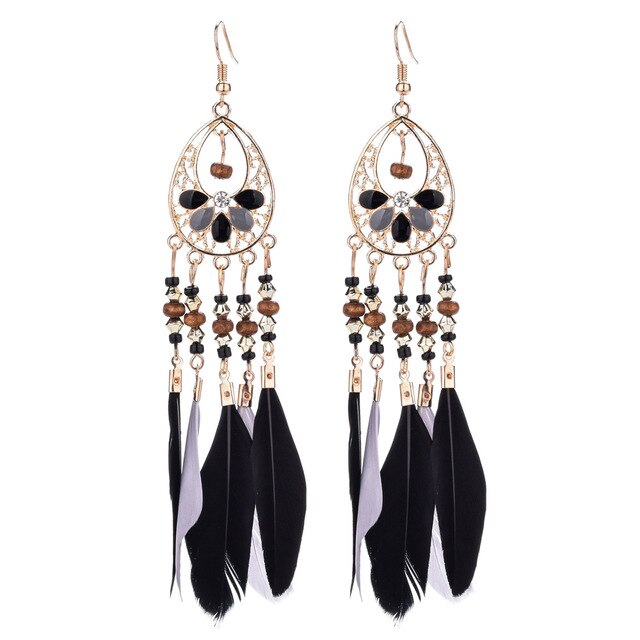 Long Bohemian Style Hanging Drop Leaf Colorful Feather Earrings - the jewellery house