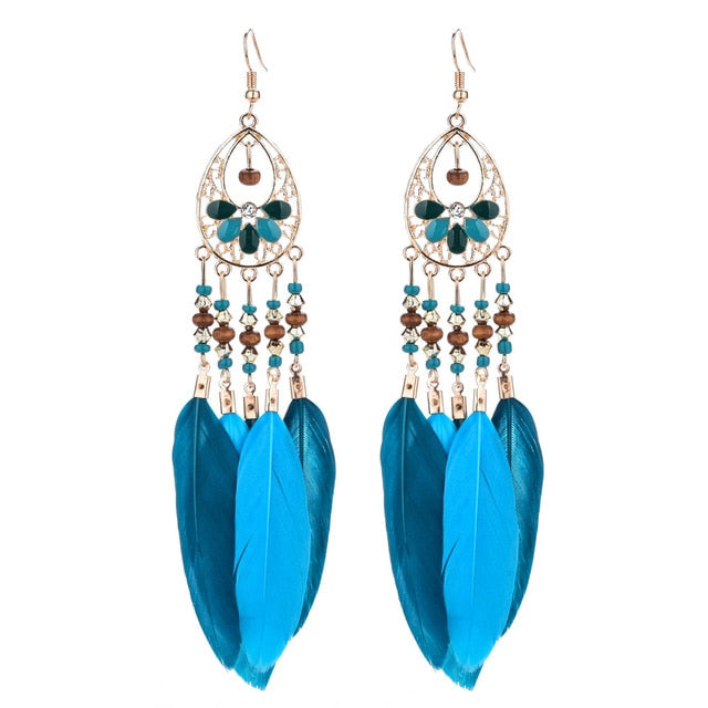 Long Bohemian Style Hanging Drop Leaf Colorful Feather Earrings - the jewellery house