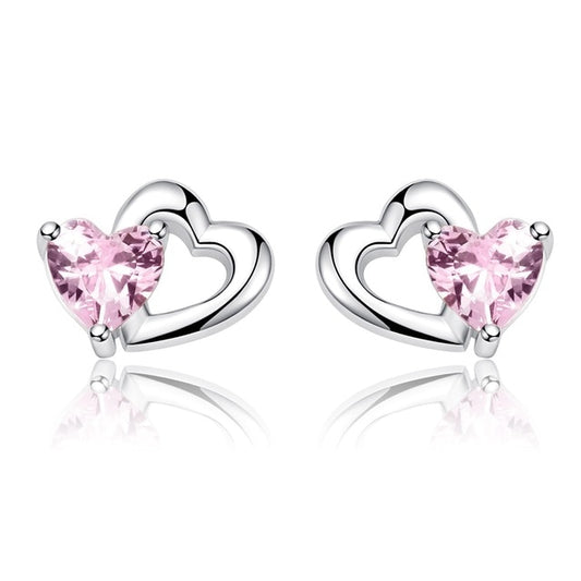 Silver Double Shape CZ  Romantic Pink Heart Stud Earrings - The Jewellery House