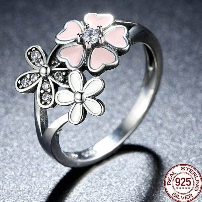 Silver Poetic Cherry Blossom Wedding Rings - The Jewellery House