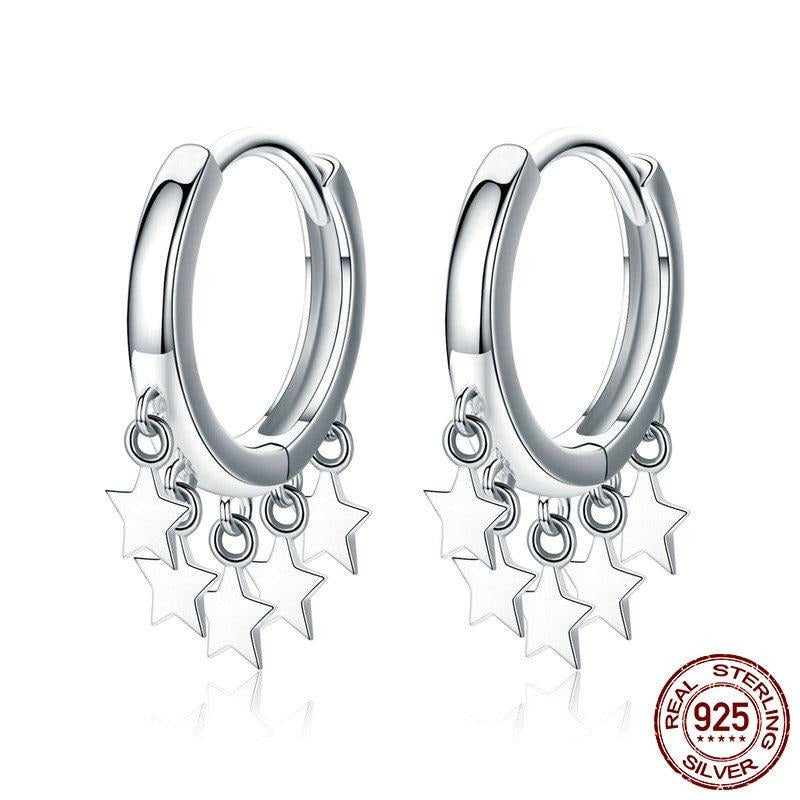 Silver Stars Tassel Earrings Hoop - The Jewellery House