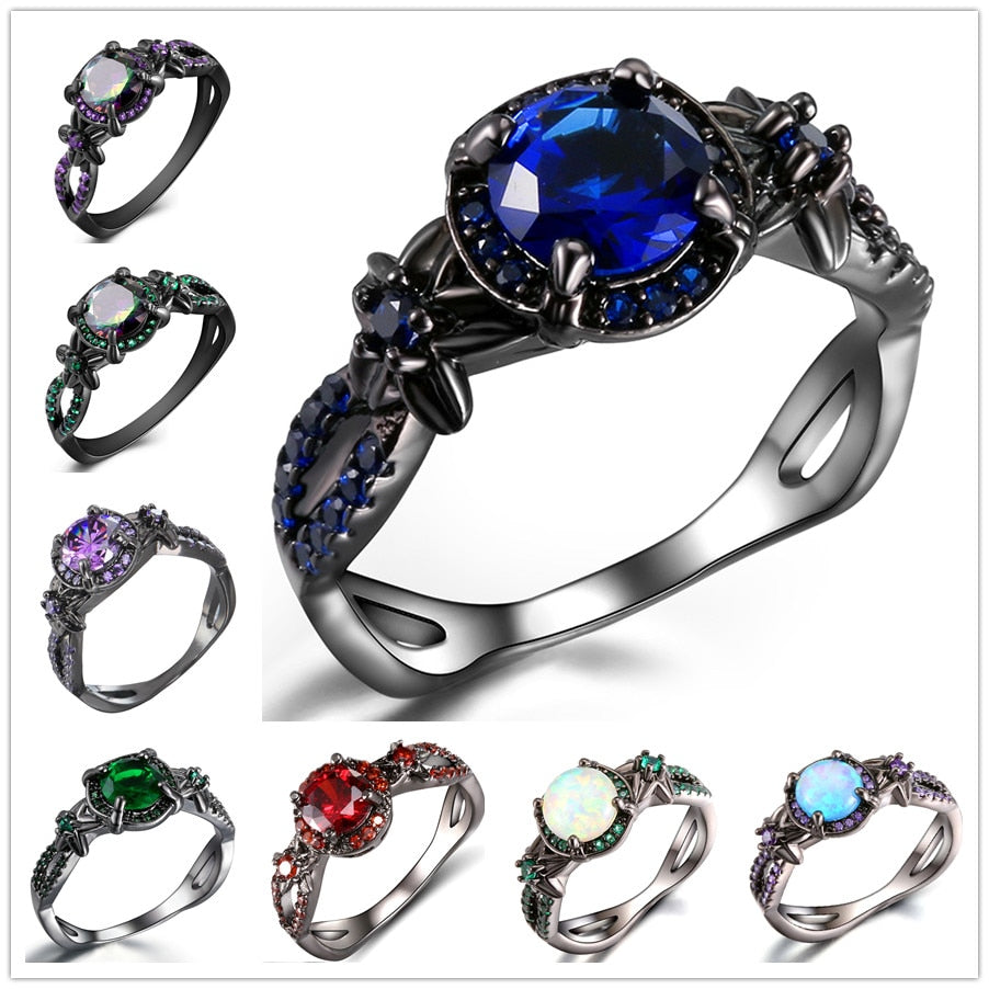 Black Gun Plated Natural Crystal Charm Birthstone Rings - The Jewellery House