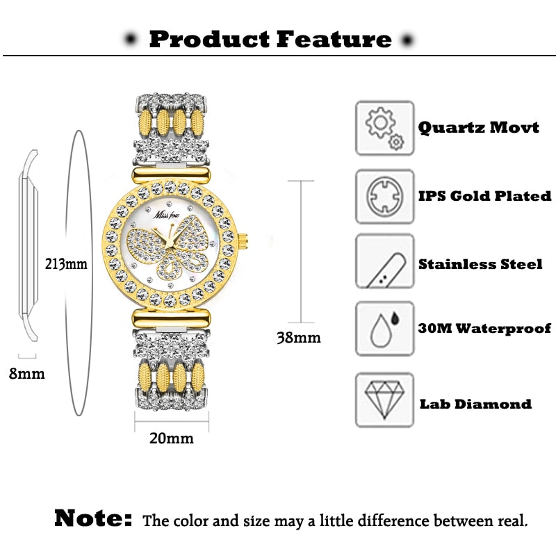 MISSFOX  Big Diamond 18K Gold Butterfly Women Watches - the jewellery house