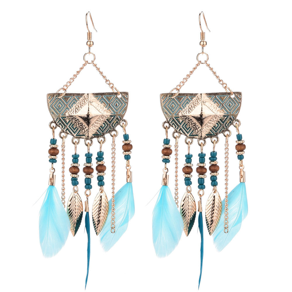 Long Bohemian Style Hanging Drop Leaf Colorful Feather Earrings - the jewellery house