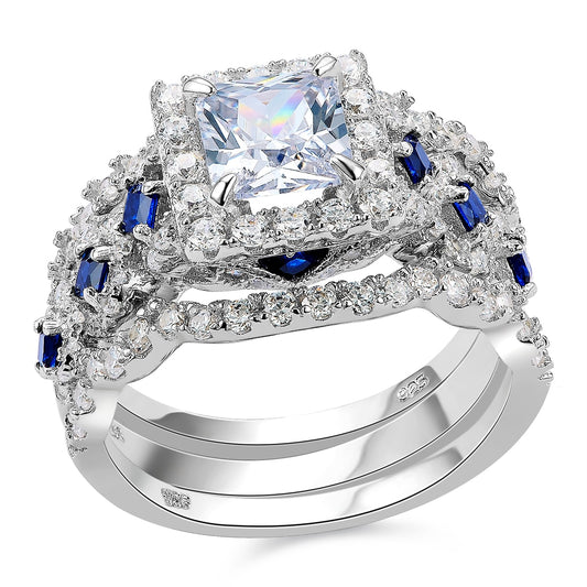 2.6 Ct White Blue 3 Pcs Sterling Silver Gemstone Ring - The Jewellery House