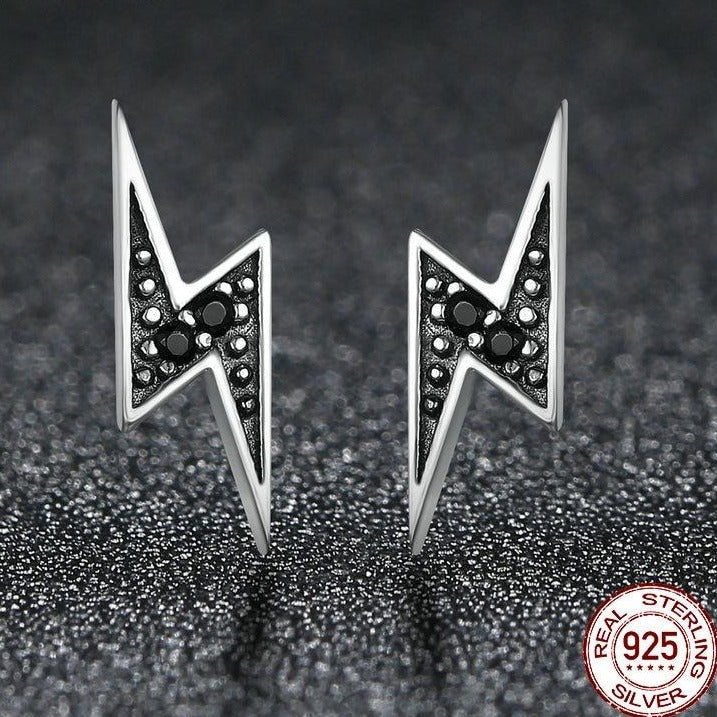 Black Stud Lightning Earrings Silver - The Jewellery House