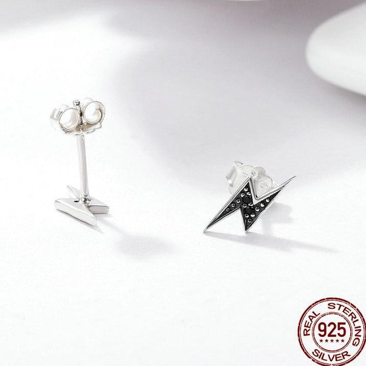 Black Stud Lightning Earrings Silver - The Jewellery House