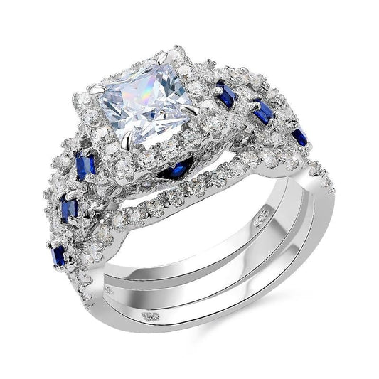 2.6 Ct White Blue 3 Pcs Sterling Silver Gemstone Ring - The Jewellery House