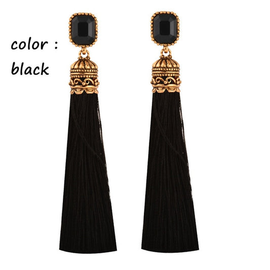 Red Black Square Cubic Zirconia Long Silk Tassel Earring - the jewellery house