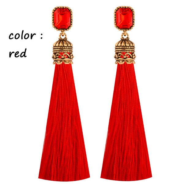 Red Black Square Cubic Zirconia Long Silk Tassel Earring - the jewellery house